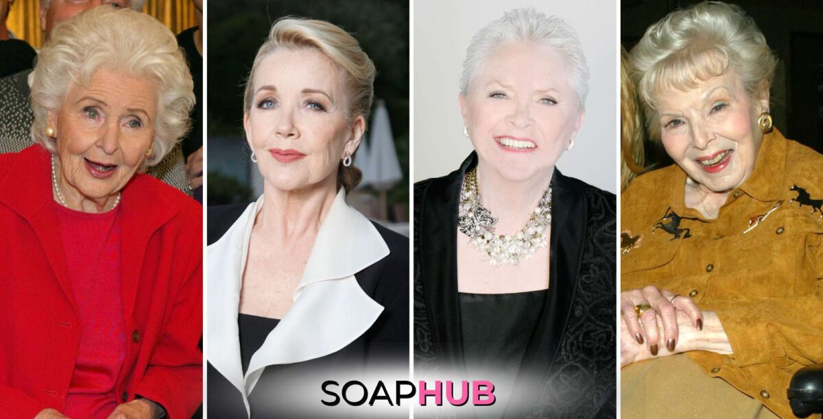 Days of our Lives Francis Reid, The Young and the Restless Melody Thomas Scott, The Bold and the Beautiful Susan Flannery, General Hospital Anna Lee with the Soap Hub logo.