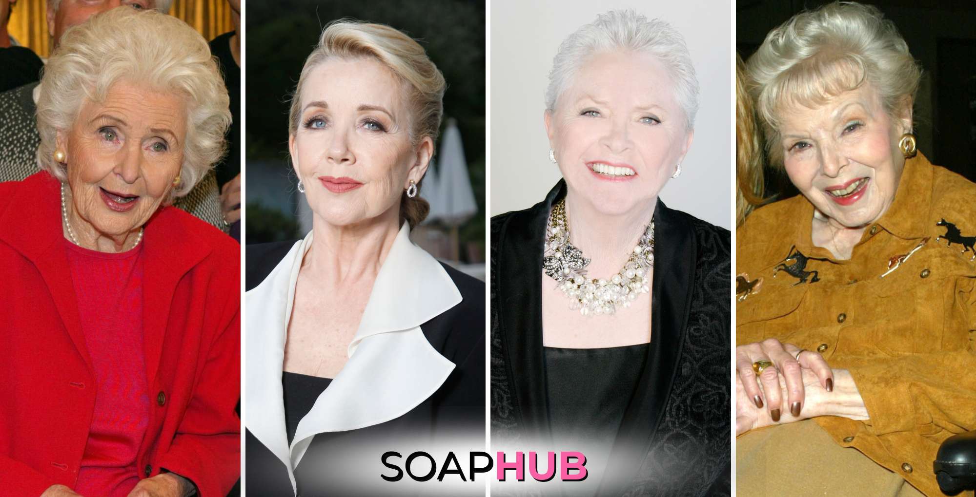 Days of our Lives Francis Reid, The Young and the Restless Melody Thomas Scott, The Bold and the Beautiful Susan Flannery, General Hospital Anna Lee with the Soap Hub logo.