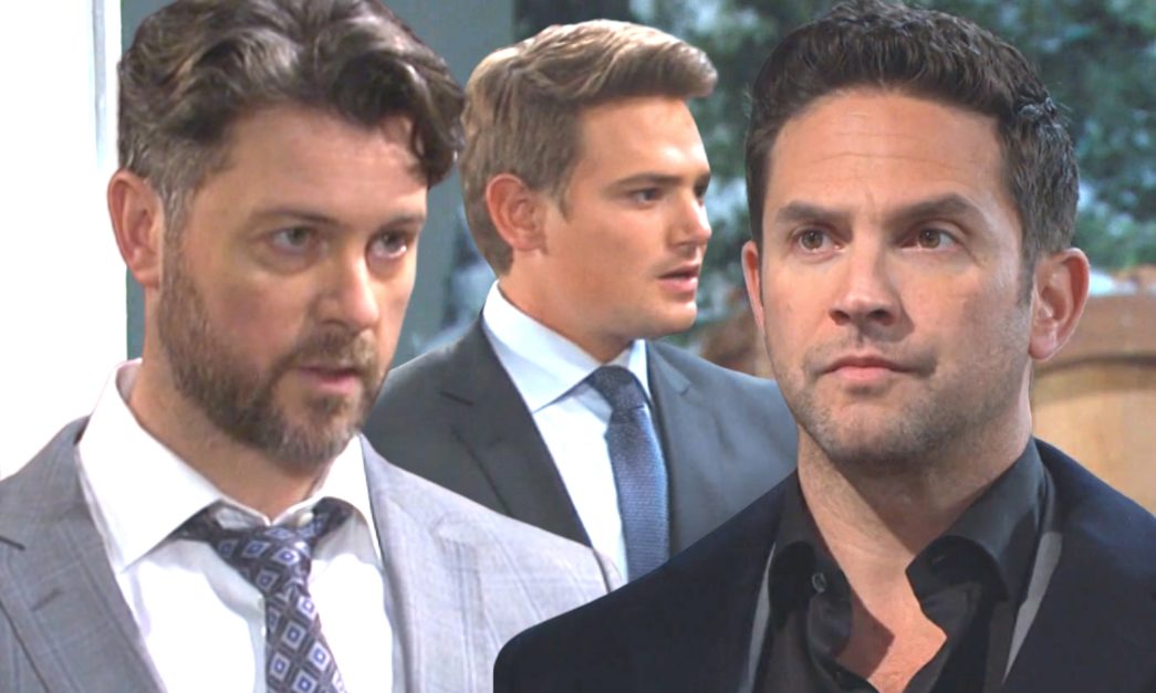ej dimera and johnny dimera in suits, angry stefan o. dimera eyes them both on days of our lives