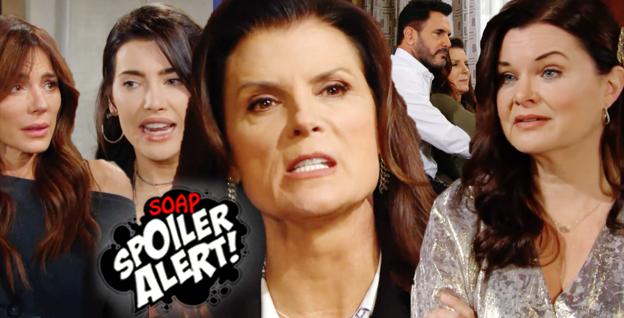 b&b spoilers video collage of taylor, steffy, sheila, bill, and katie