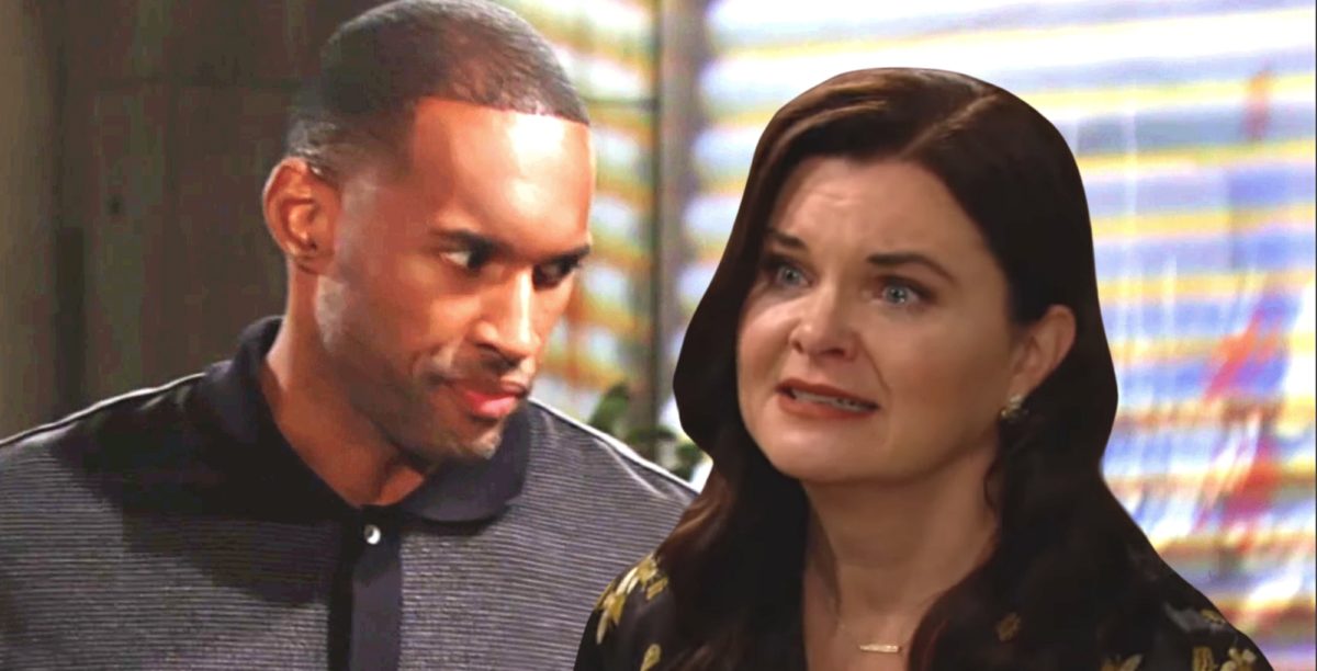 katie logan in black on bold and the beautiful looking at a worried carter wearing a black knit top