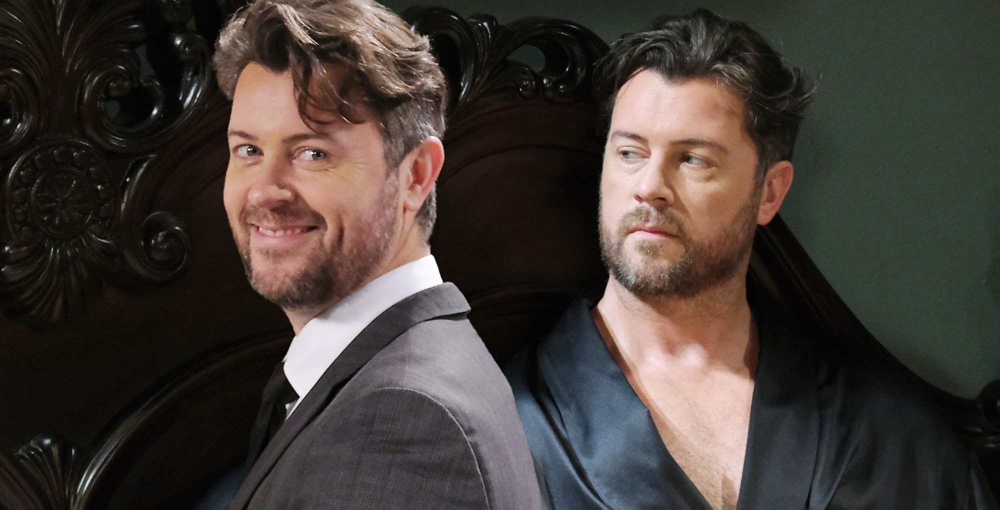 actor dan feuerriegel wearing a suit and as ej dimera on days of our lives wearing a robe