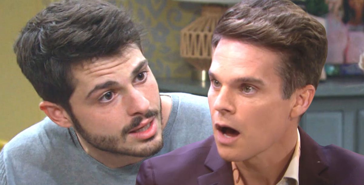 days of our lives sonny kiriakis in blue and a shocked leo stark wearing a blue suit