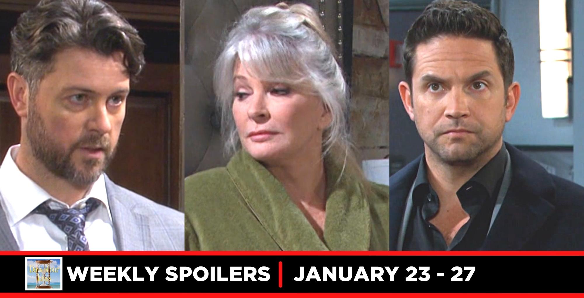 weekly days of our lives spoilers showing three images, ej dimera, marlena evans, stefan dimera
