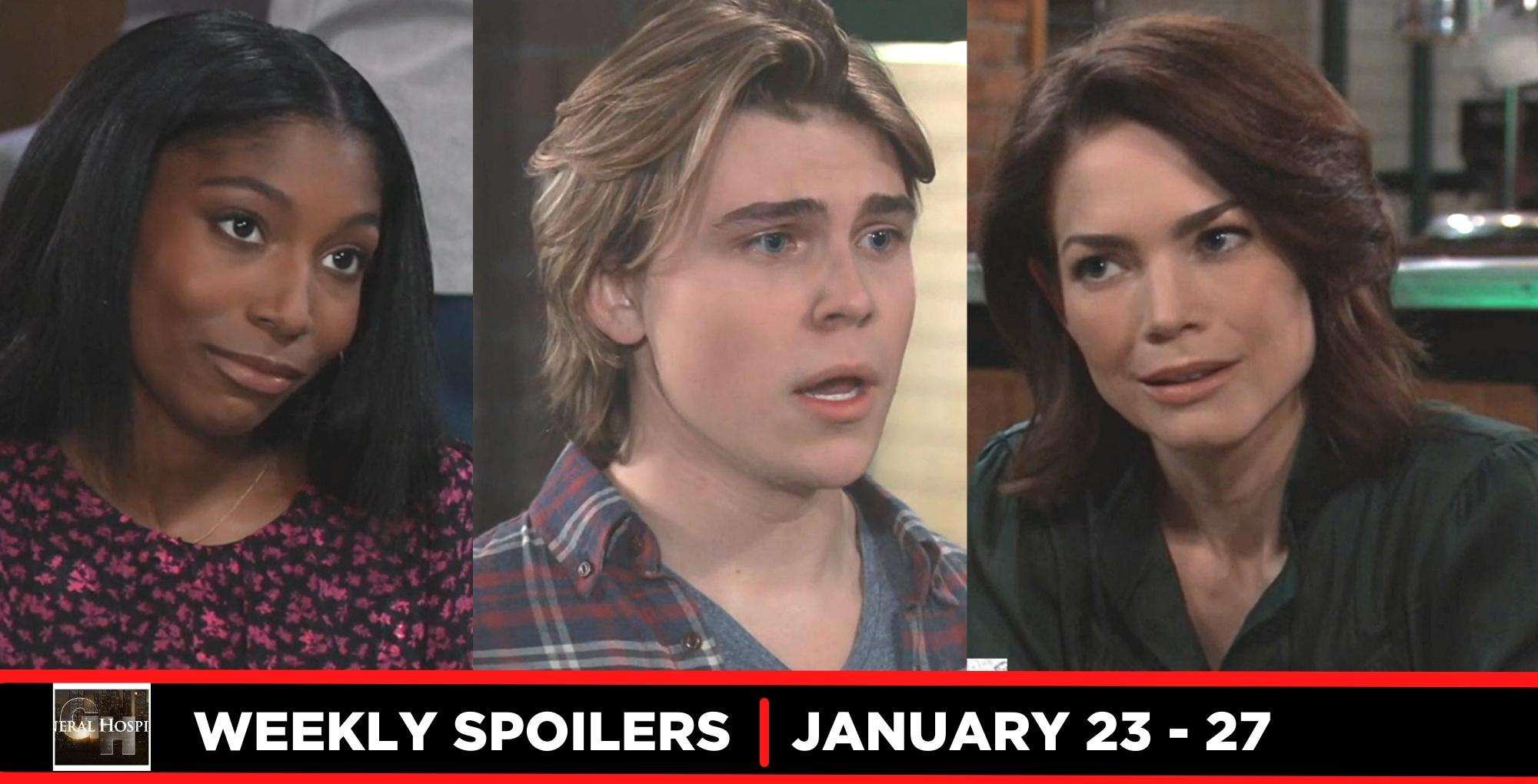 weekly general hospital spoilers showing three images, trina, cameron, liz webber