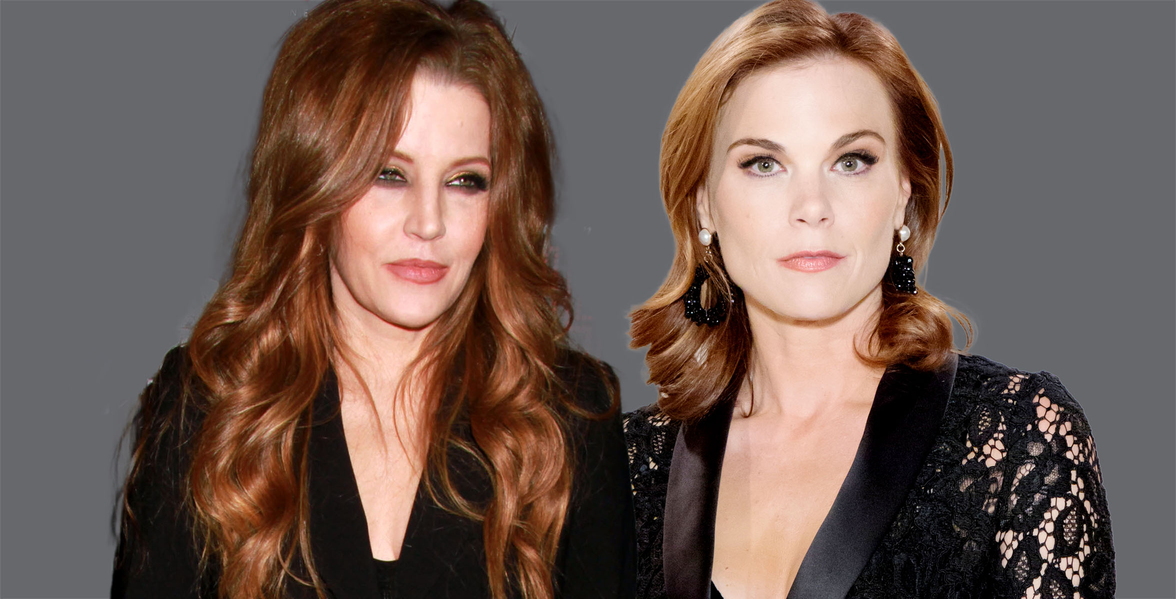 lisa marie present wearing black and gina tognoni wearing black on a gray background