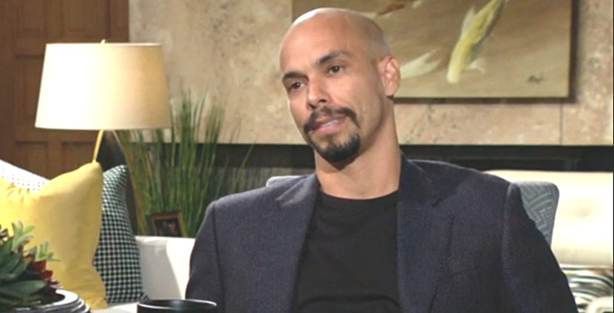 young and the restless devon hamilton wearing a black t-shirt and grey jacket