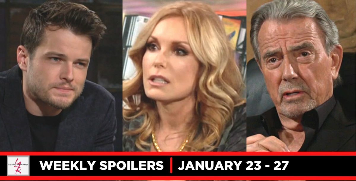 weekly young and the restless spoilers showing three images, kyle, lauren, and victor newman