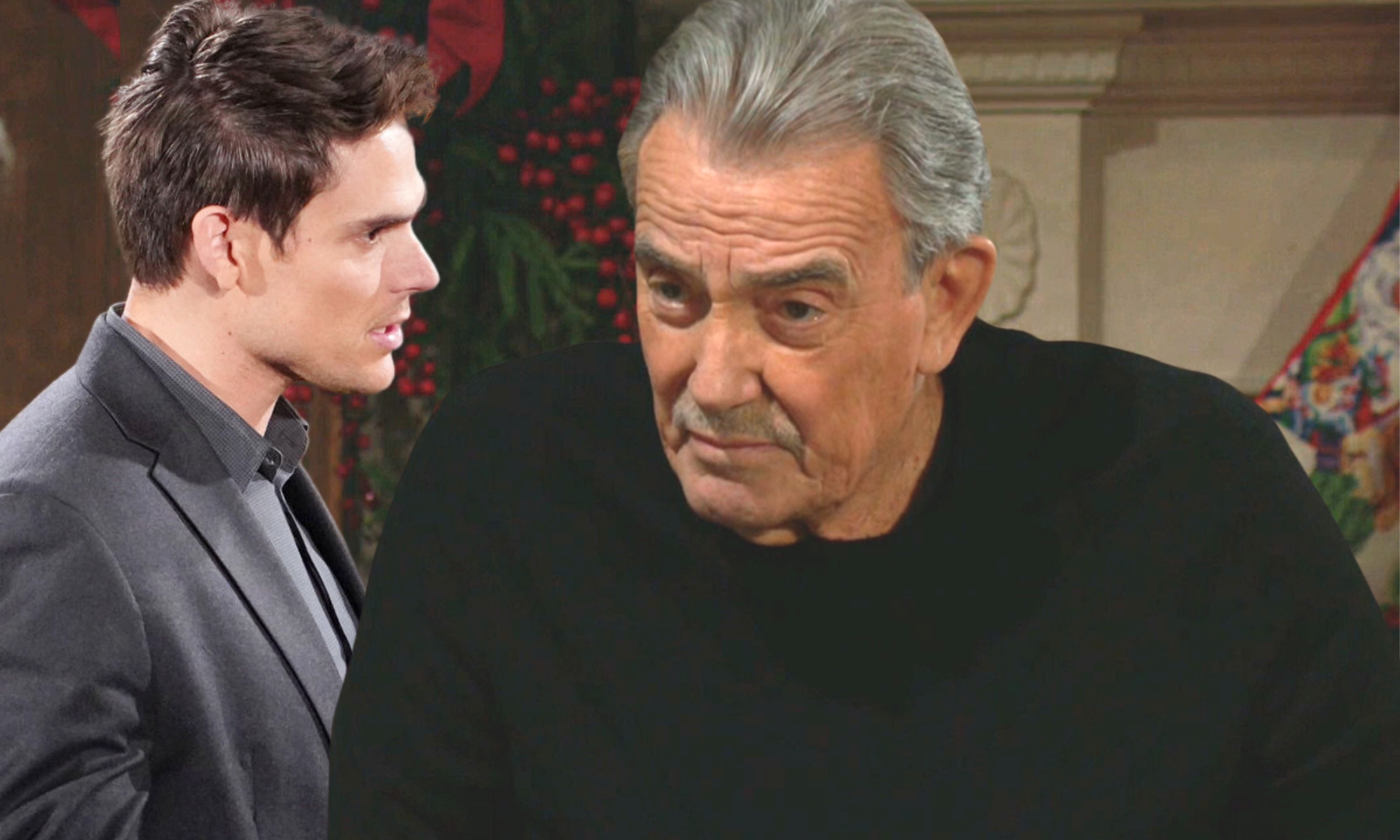 victor newman in black is looking at a confused adam newman in grey