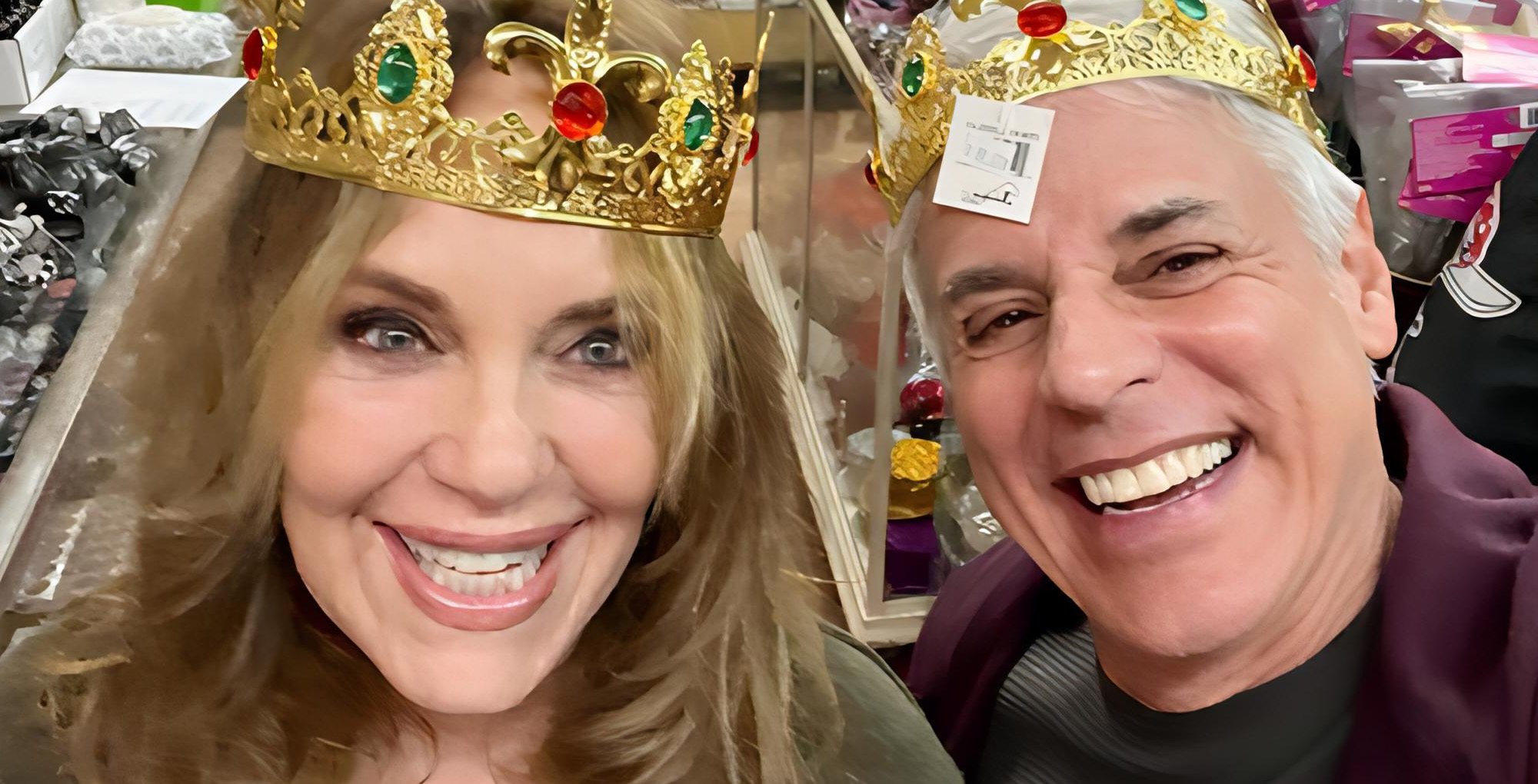 christian le blanc and catherine bach wearing mardi gras crowns.