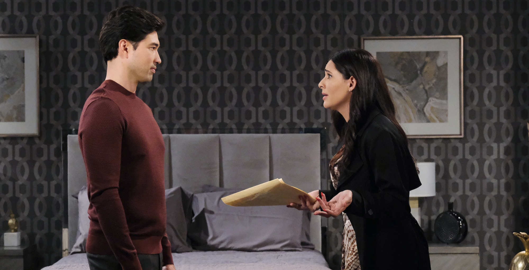 days of our lives spoilers for february 22, 2023, li shin hands papers to gabi in his hotel room