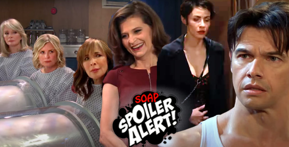 days spoilers promo collage of marlena, kayla, kate see megan laugh, sarah's queazy, xander shocked