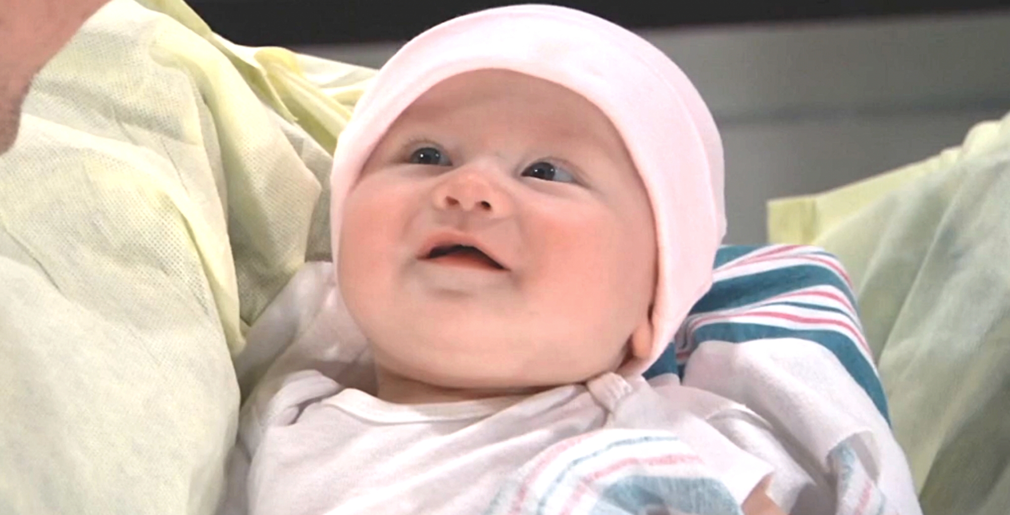 general hospital has a new baby amelia grace smiling with a pink hat