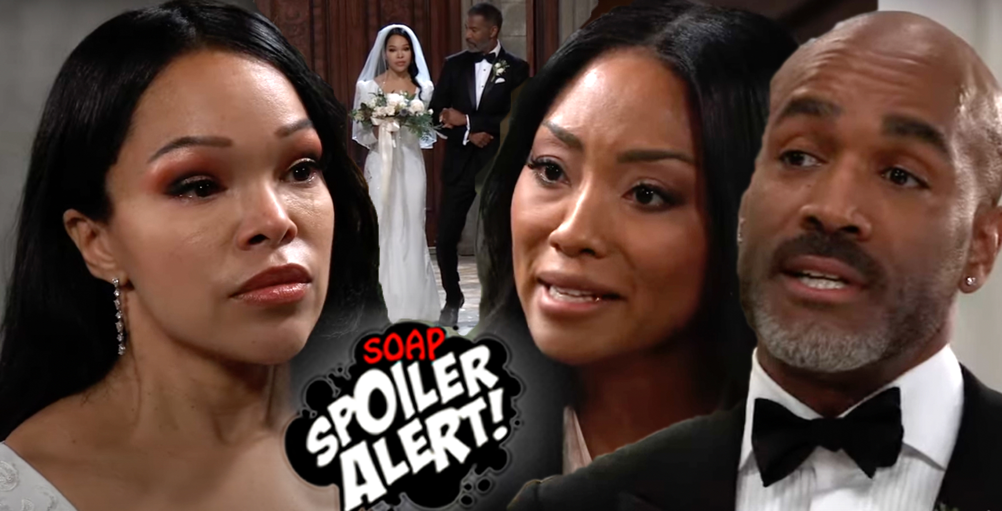 gh spoilers collage of portia arguing with jordan as curtis awaits his bride