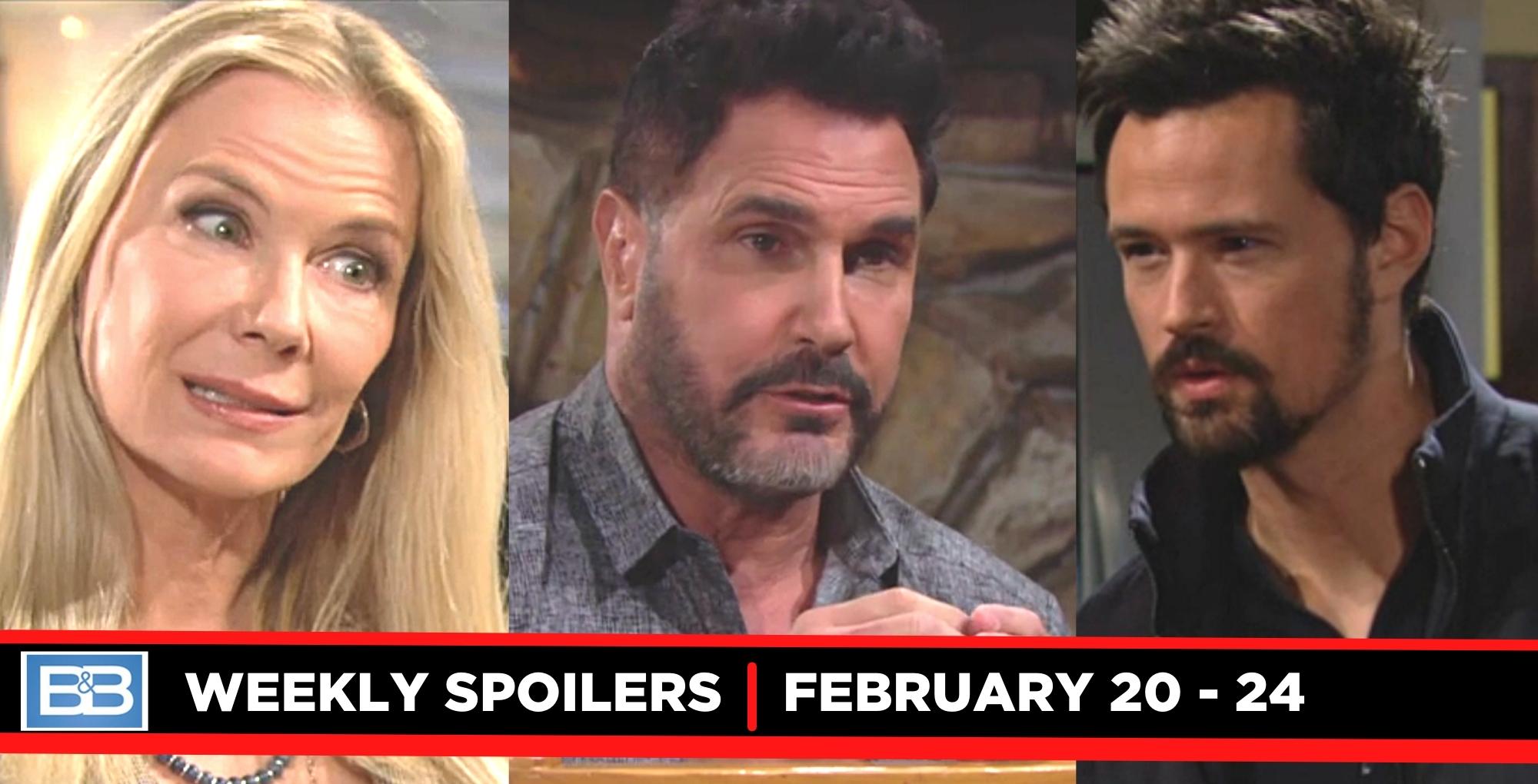 bold and the beautiful spoilers for february 20-24, 2023 three images, brooke, bill, and thomas