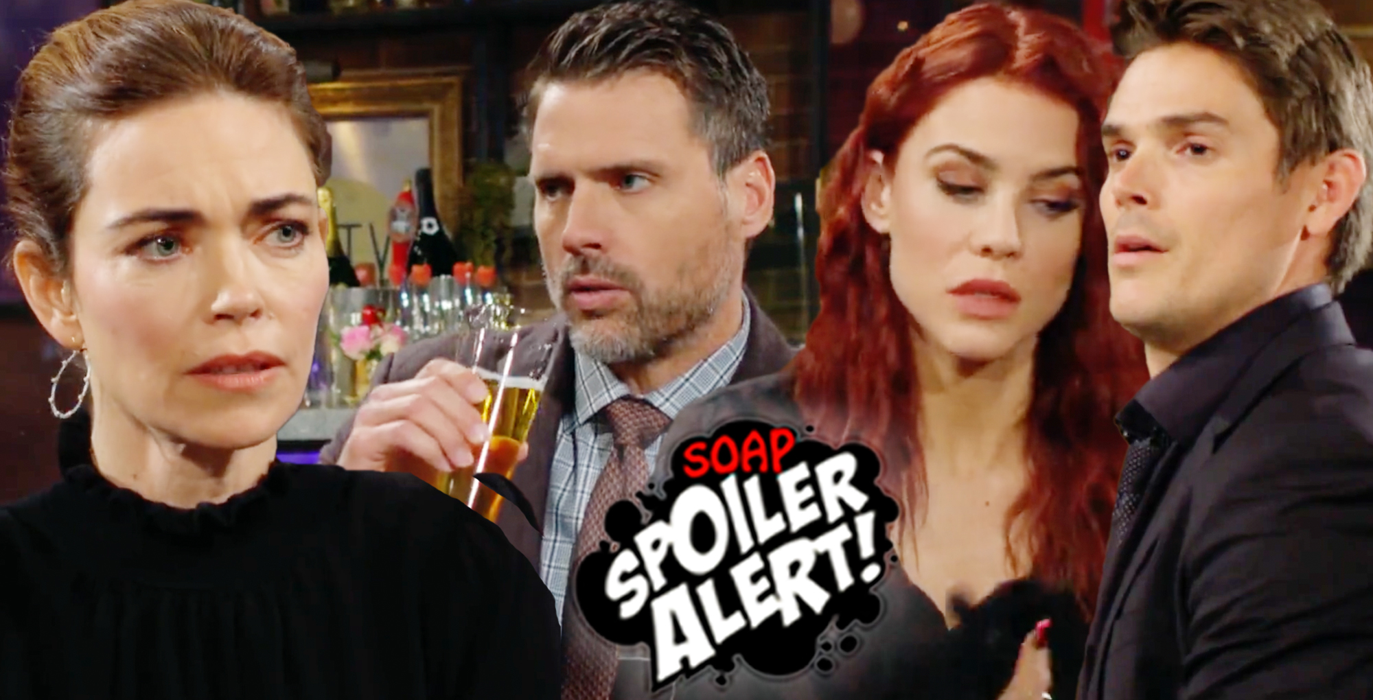the y&r spoilers video promo collage of victoria, nick, sally, and adam newman