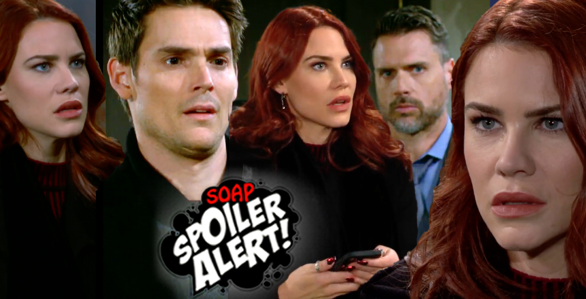 y&r spoilers video promo collage of sally spectra, adam newman and nick newman