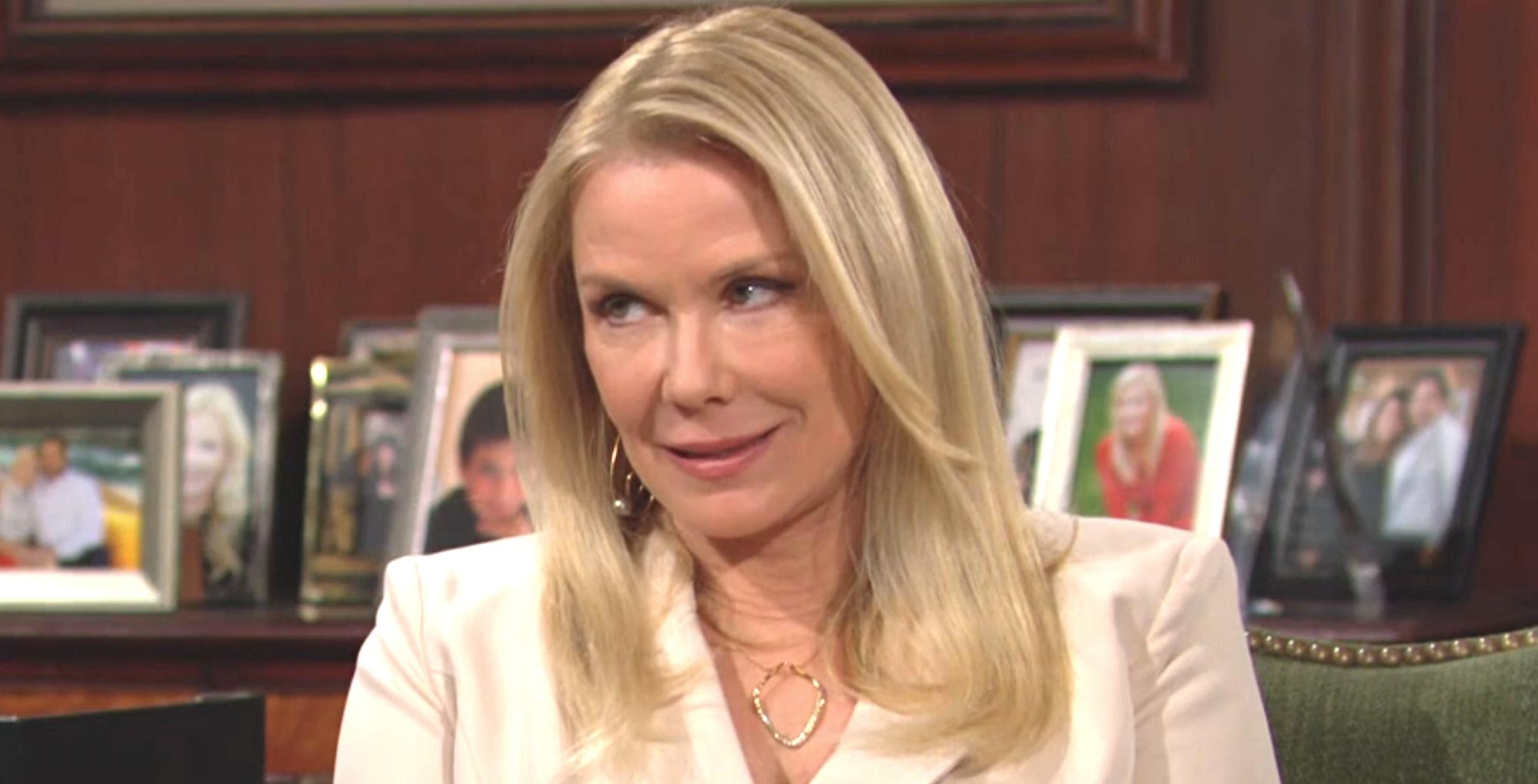bold and the beautiful spoilers for march 28 has brooke logan sitting in front of a row of framed family pictures