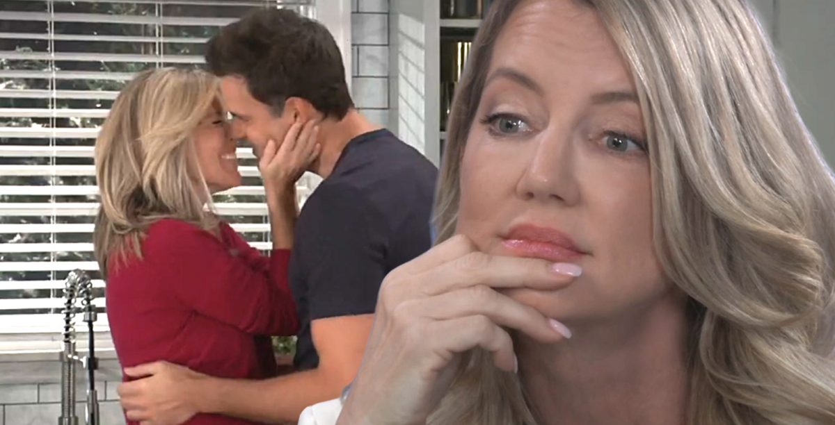 carly and drew kiss as nina reeves looks contemplative on general hospital