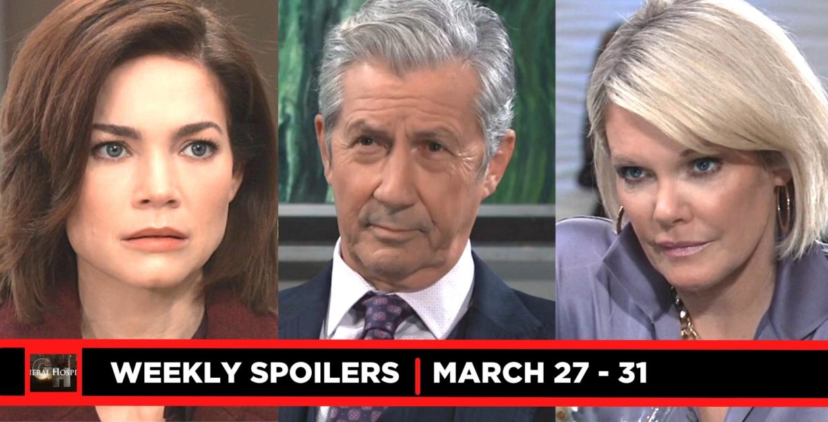 general hospital spoilers for march 27 – march 31, 2023, three images elizabeth, victor, ava