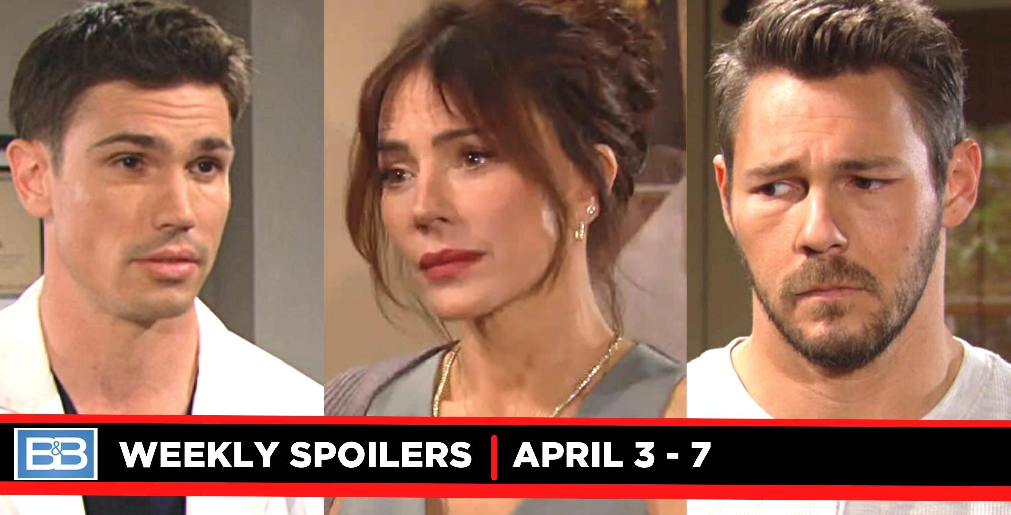 bold and the beautiful spoilers for the week of april 3-7 three images, finn, taylor, and liam
