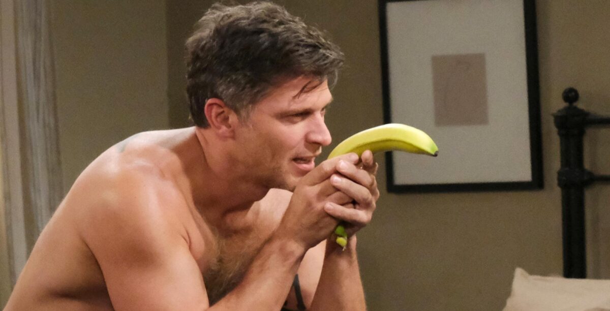 days of our lives spoilers show a topless eric brady playing with a banana.