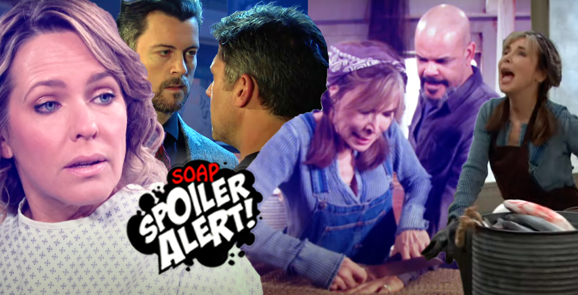 days spoilers video collage of nicole at the hospital, eric and ej, kate with a knife on a man's hand, and kate yelling.