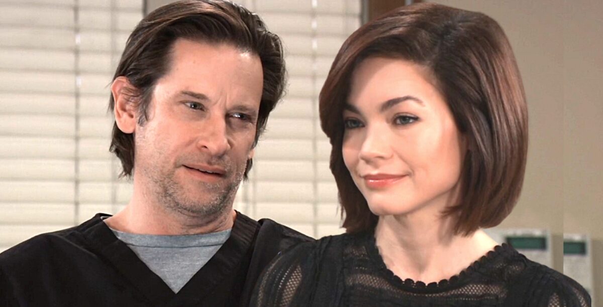 austin and liz webber on general hospital looking at each other.