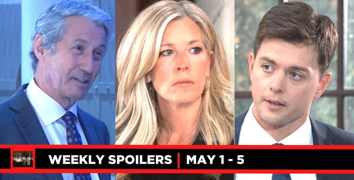 general hospital spoilers for may 1 – may 5, 2023, three images victor, carly, and michael