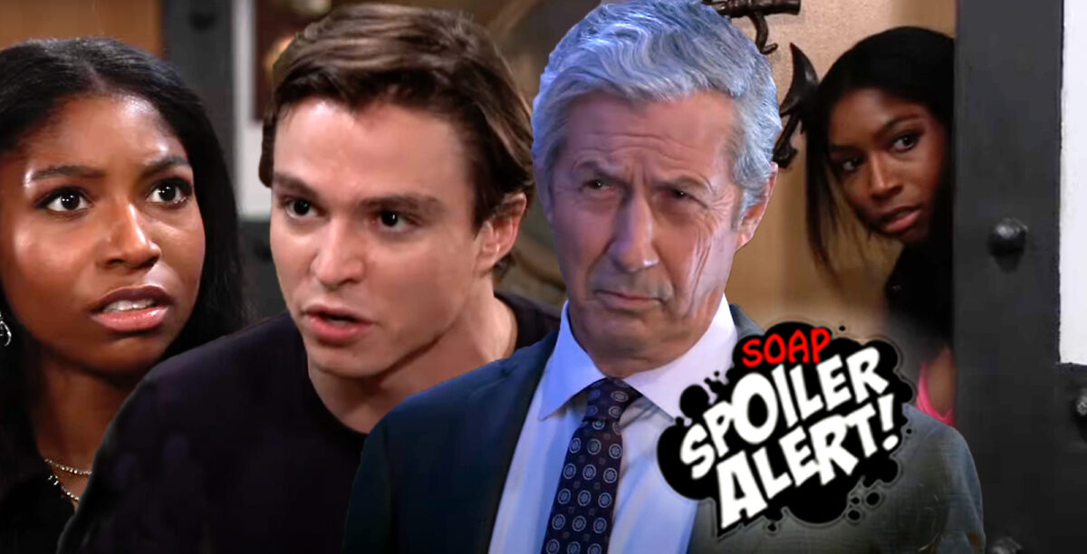 gh spoilers video promo collage of trina, spencer worried, evil victor and trina sneaking around.