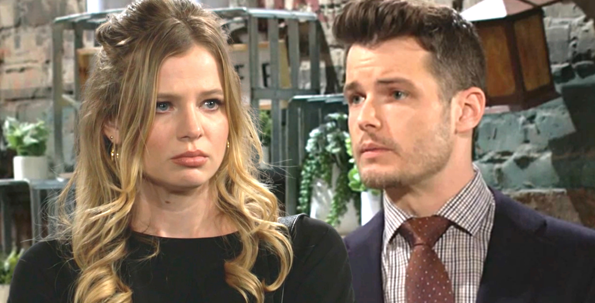 summer and kyle abbott looking wary of each other on young and the restless.