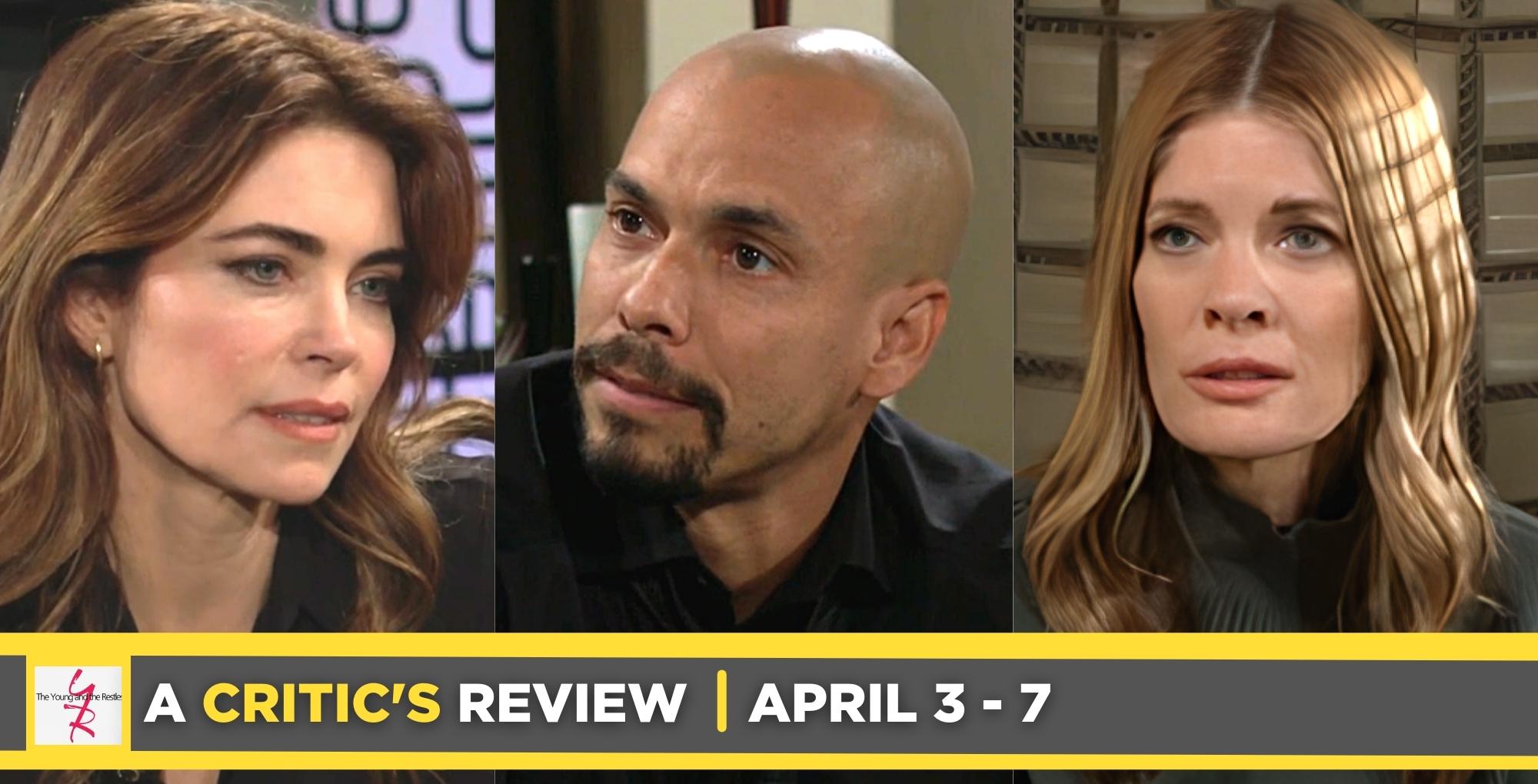 the young and the restless critic's review for april 3 – april 7, 2023, three images victoria, devon, and phyllis