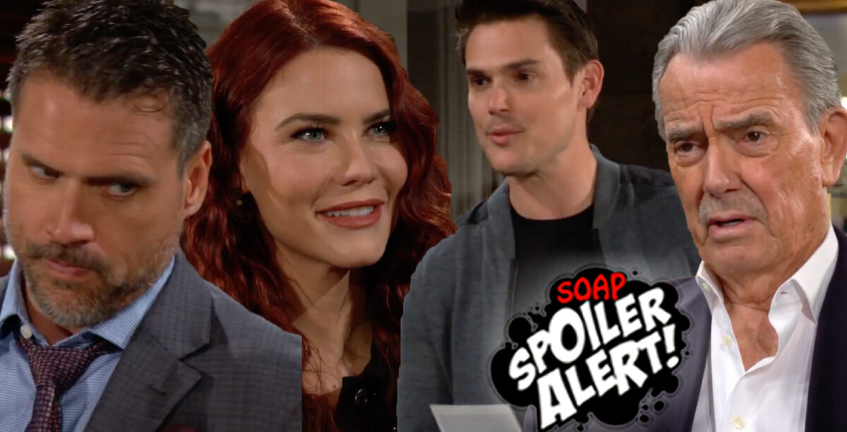 y&r spoilers video collage of wary nick, happy sally, thrilled adam, stunned victor.