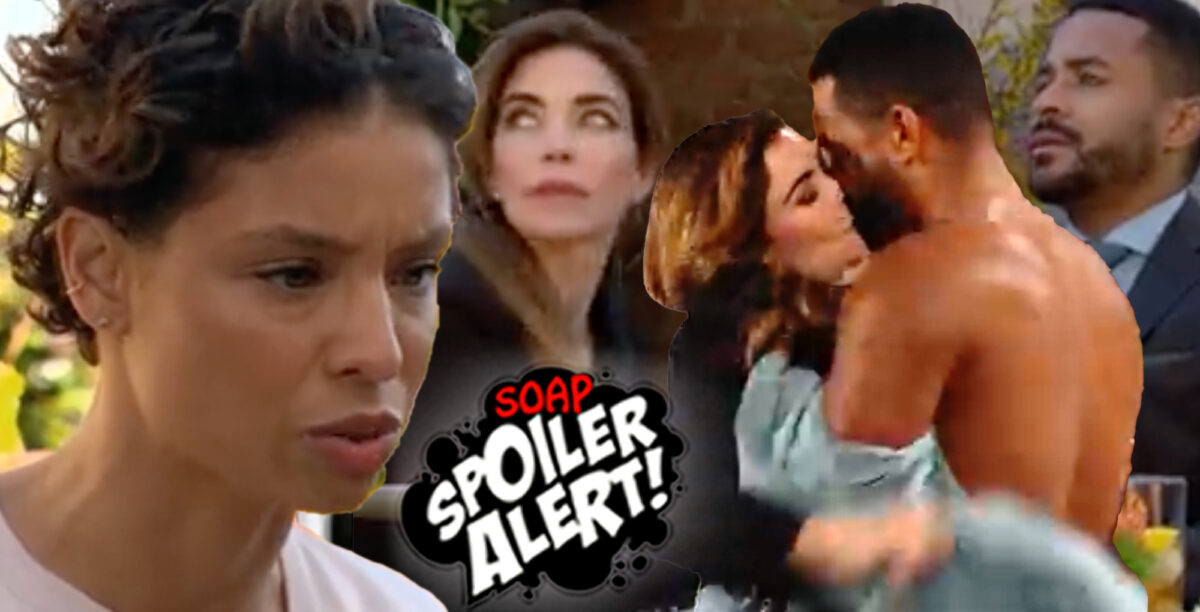 y&r spoilers video collage of elena, victoria, nate and victoria kissing, and nate.
