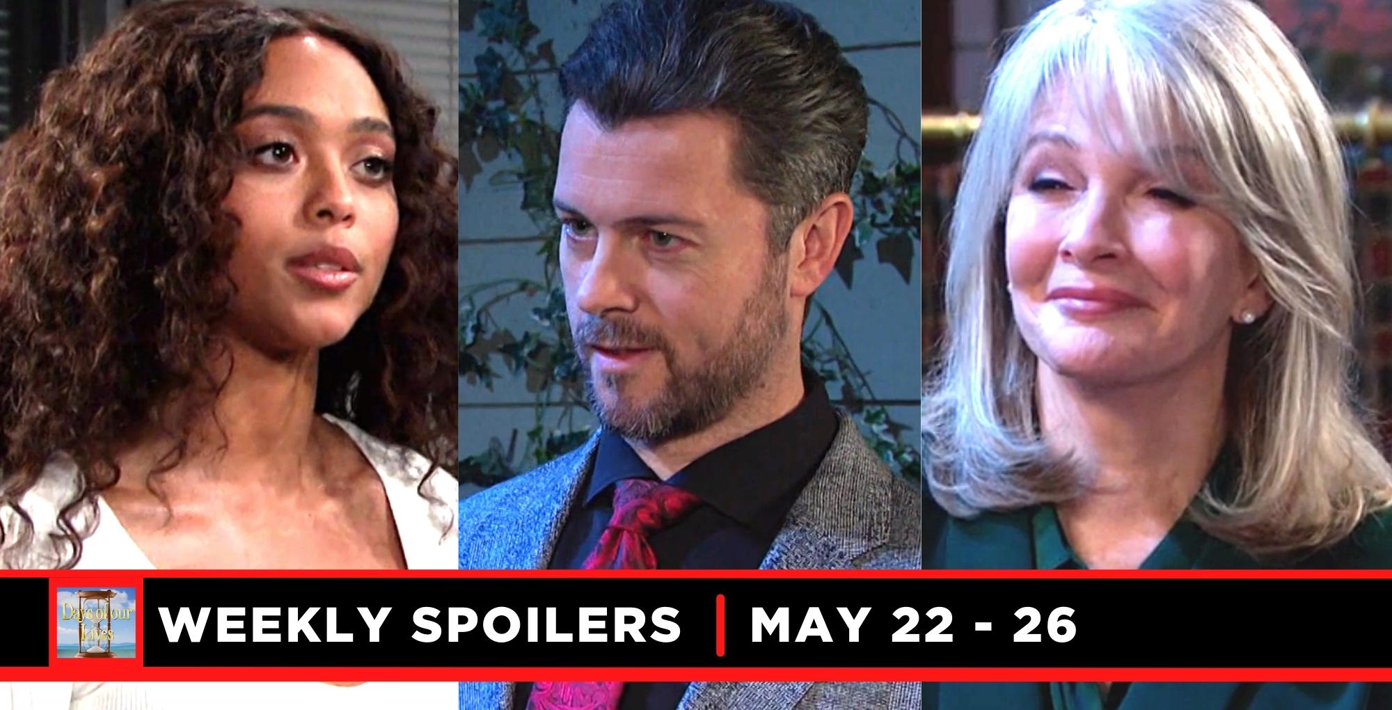 days of our lives spoilers for may 22 – may 26, 2023, three images talia, ej, and marlena.