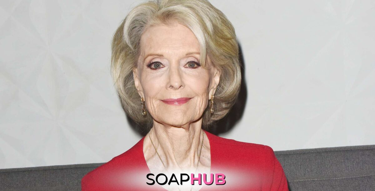 General Hospital alum Constance Towers with the Soap Hub logo.
