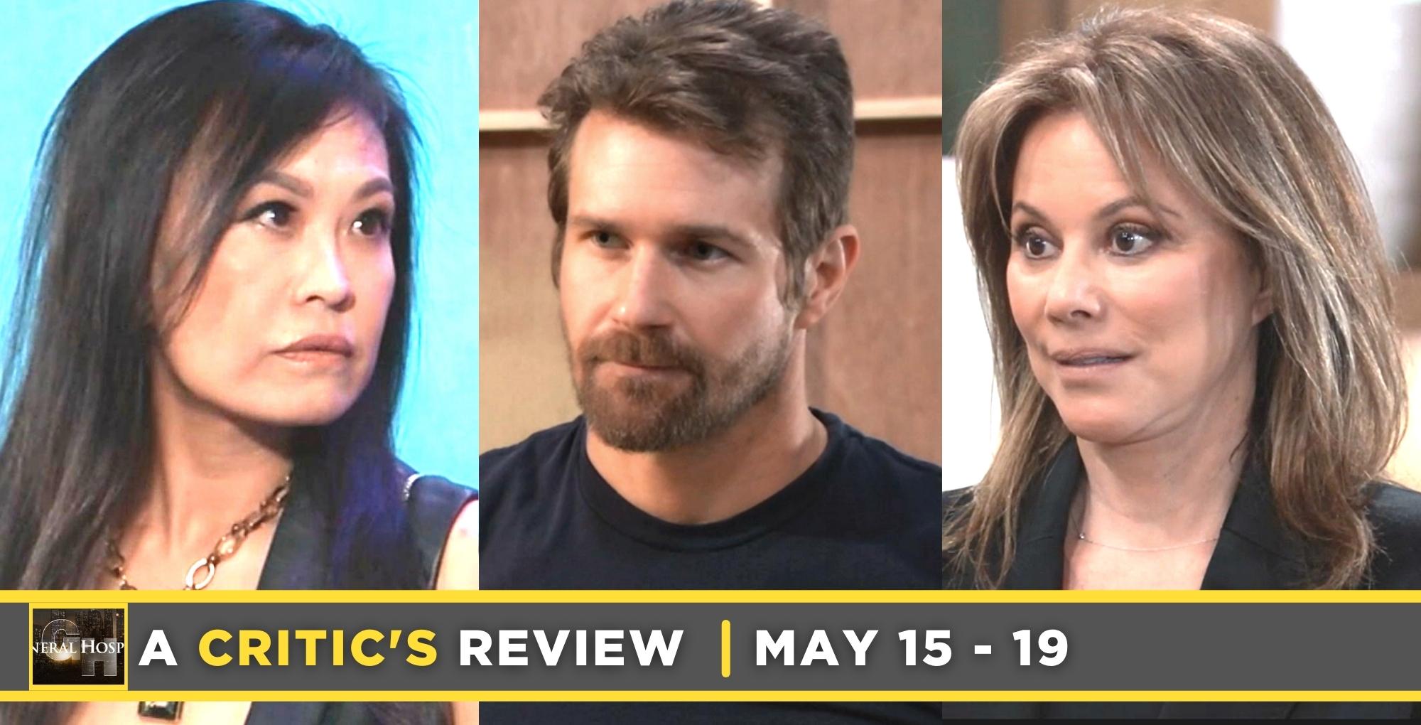 general hospital critic's review for may 15 – may 19, 2023, three images selena, cody, and alexis.