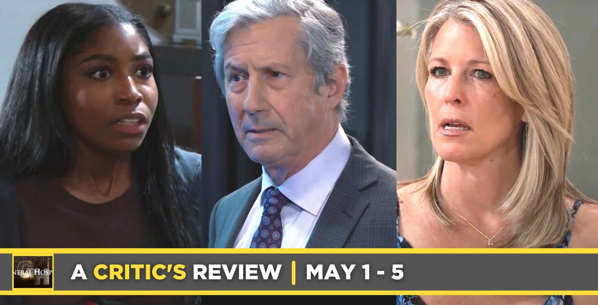 general hospital critic's review for may 1 – may 5, 2023, three images trina, victor, and carly.