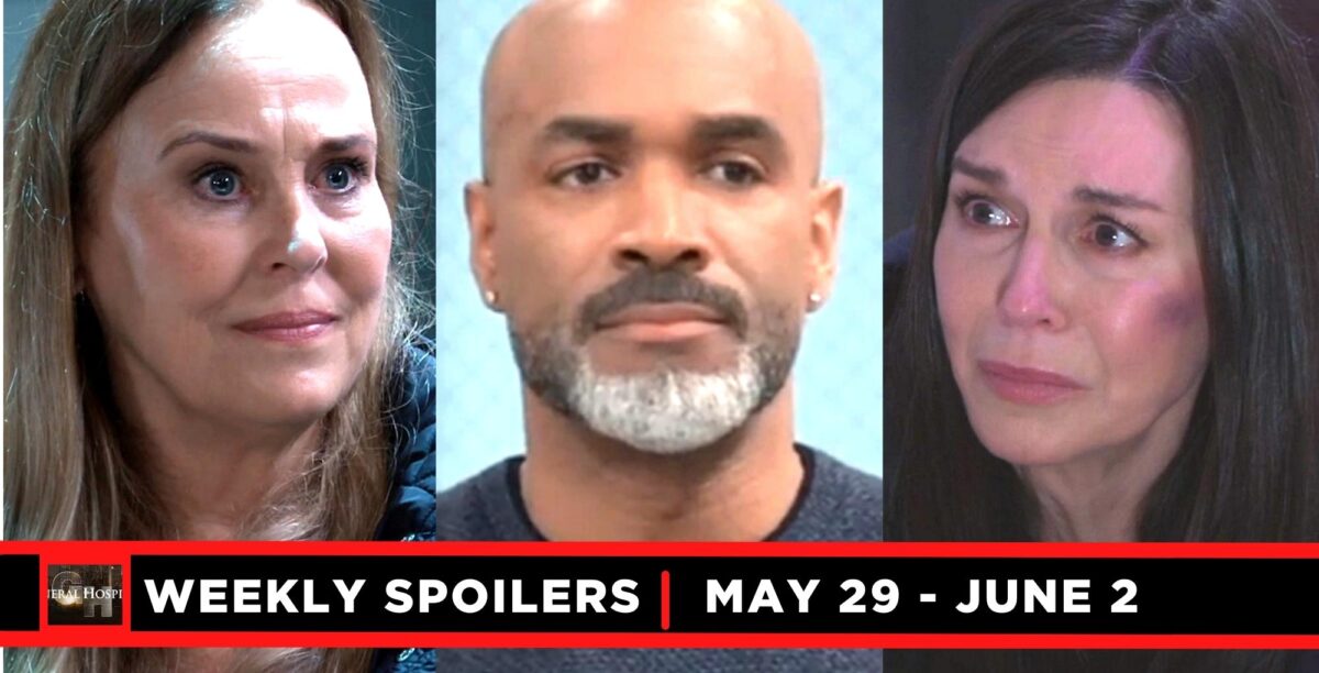 general hospital spoilers for may 29 – june 2, 2023, three images laura, curtis, and anna.
