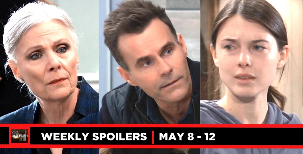 general hospital spoilers for may 8 – may 12, 2023, three images tracy, drew, and willow.