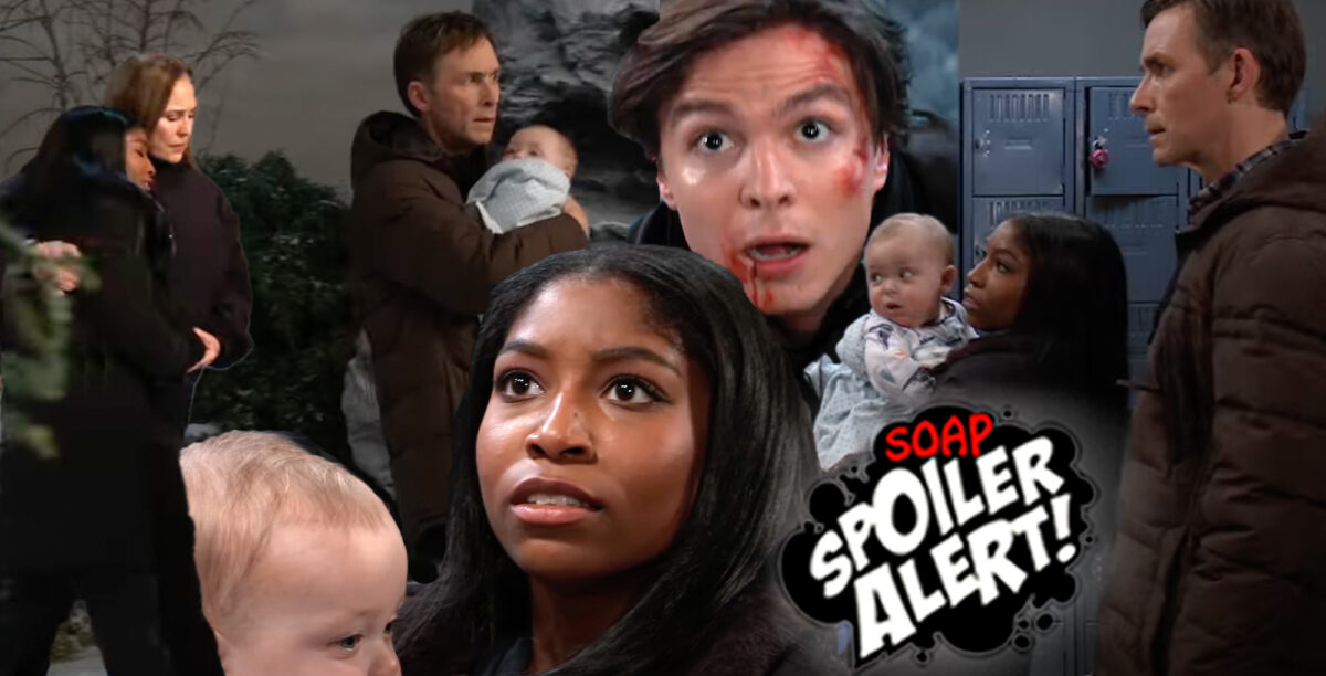 gh spoilers video collage of trina hugging laura, valentin holding ace, spencer, trina, ace, trina, valentin.