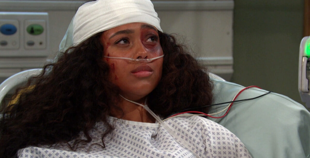 talia hunter in the hospital bed and injured on days of our lives.
