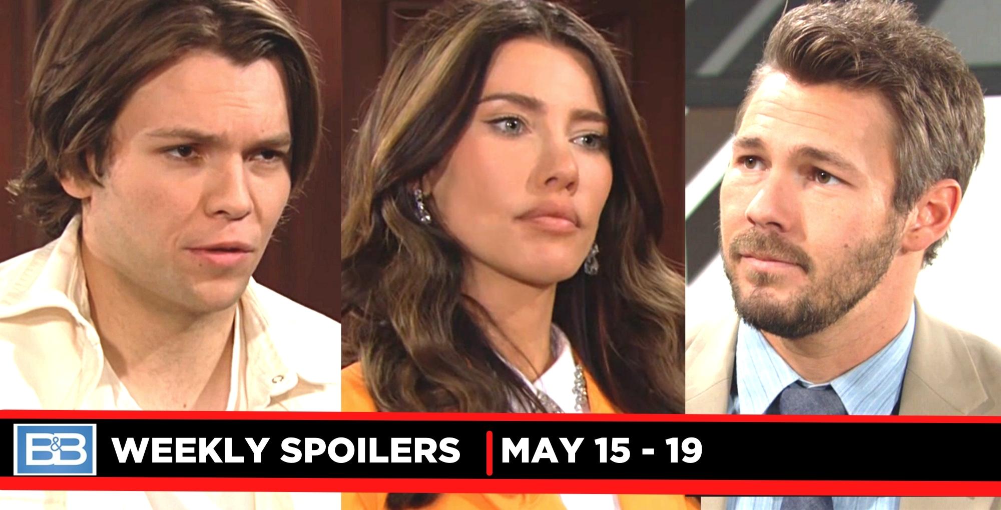 the bold and the beautiful spoilers for may 15 – may 19, 2023, three images ridge jr., steffy, liam.