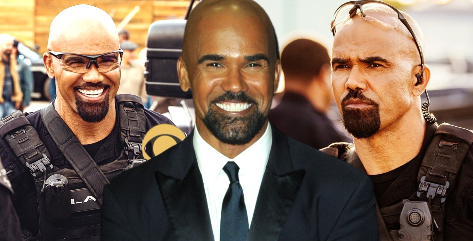 collage of photos of shemar moore acting on s.w.a.t. and a shot of the actor dressed up.