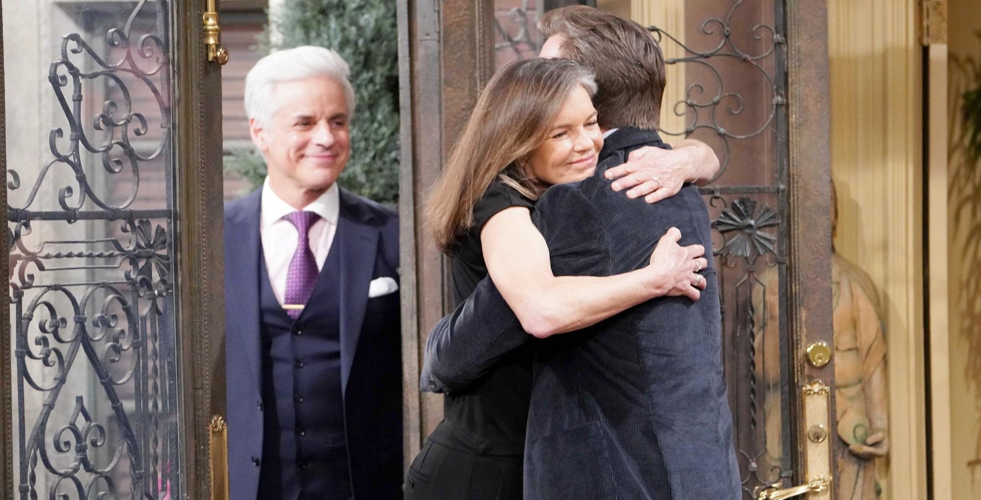 the young and the restless spoilers for may 4, 2023, have diane getting hugged by kyle while michael looks on.