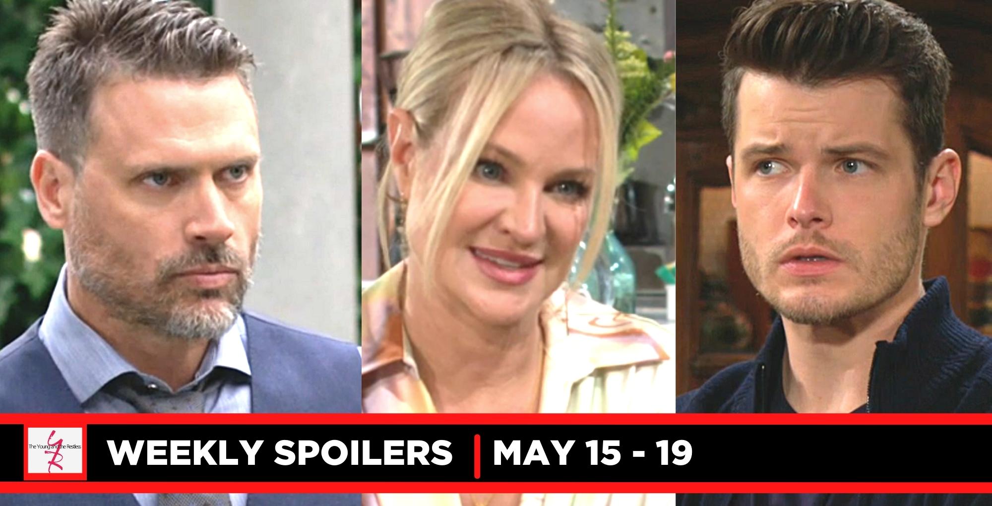the young and the restless spoilers for may 15-19, 2023, three images nick, sharon, kyle.