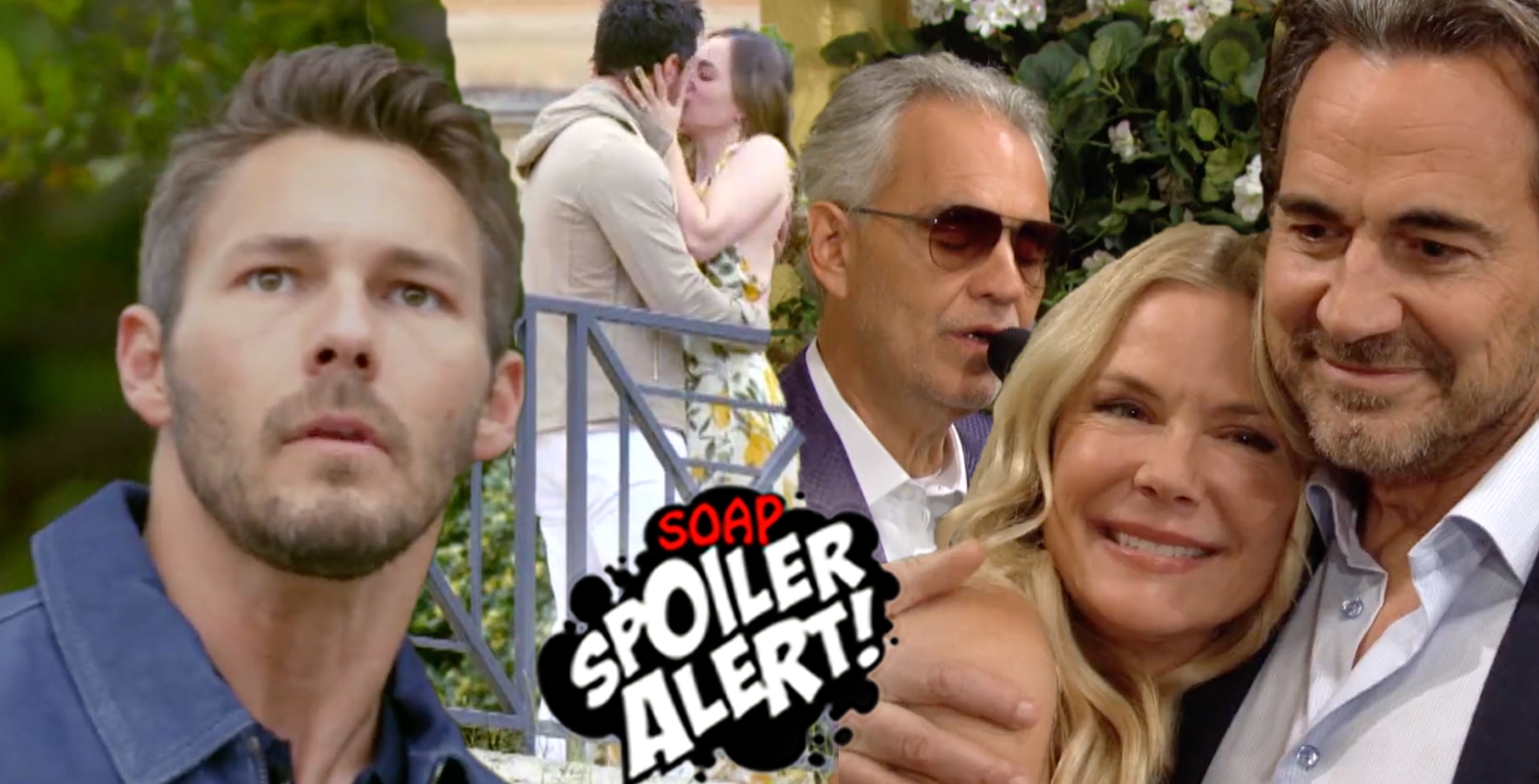 b&b spoilers video promo collage of liam seeing hope kissing thomas, andrea bocelli, brooke and ridge.
