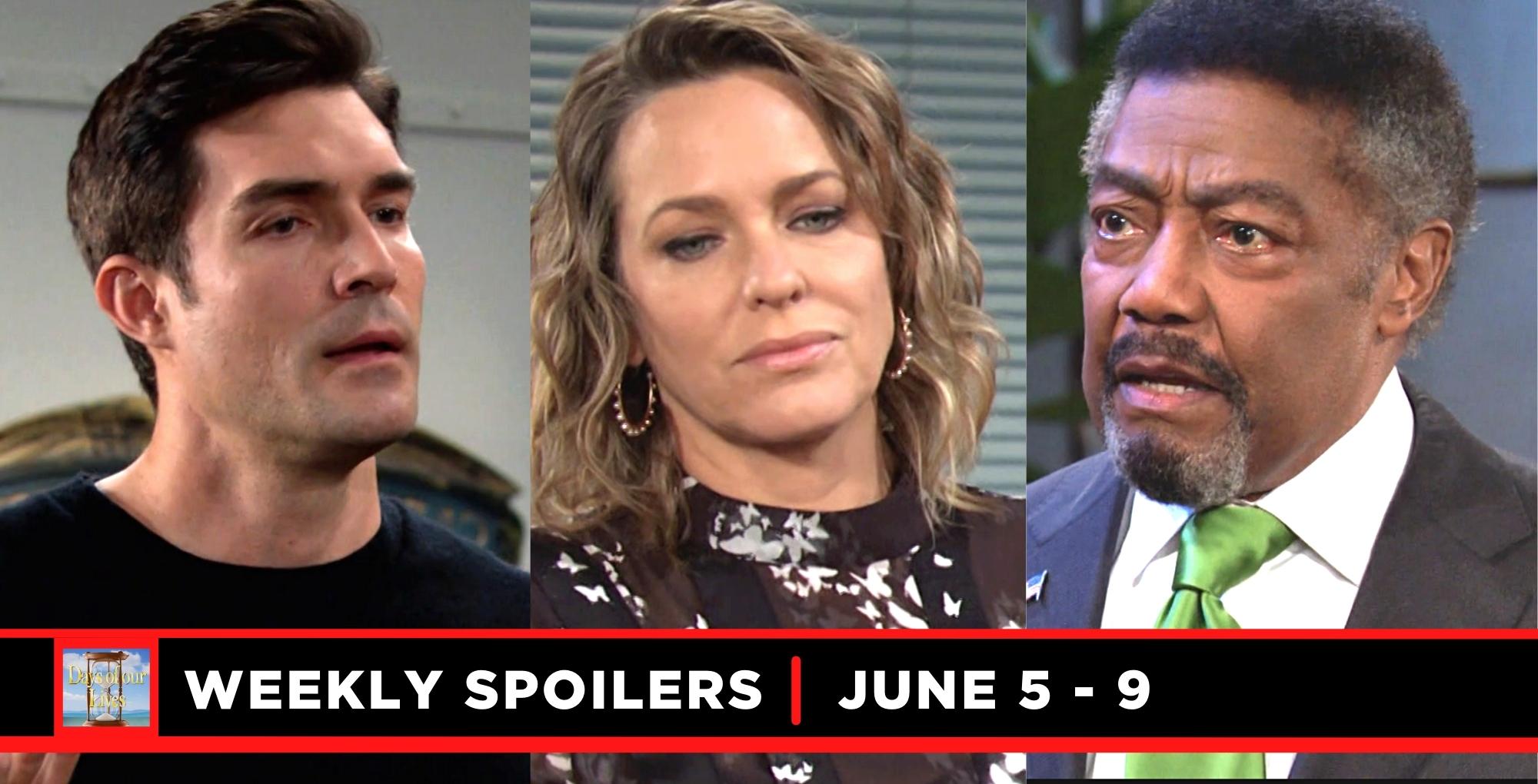 weekly days of our lives spoilers for june 5-9, 2023, have three images, dimitri, nicole, abe.