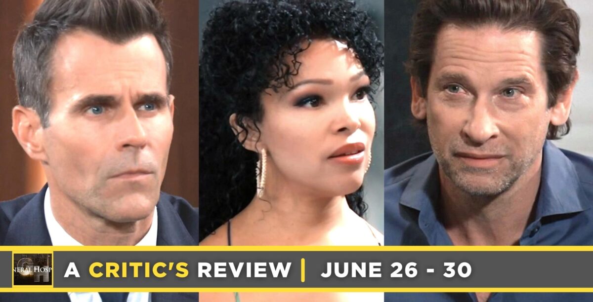 general hospital critic's review for june 26 – june 30, 2023, three images drew, portia, and austin.