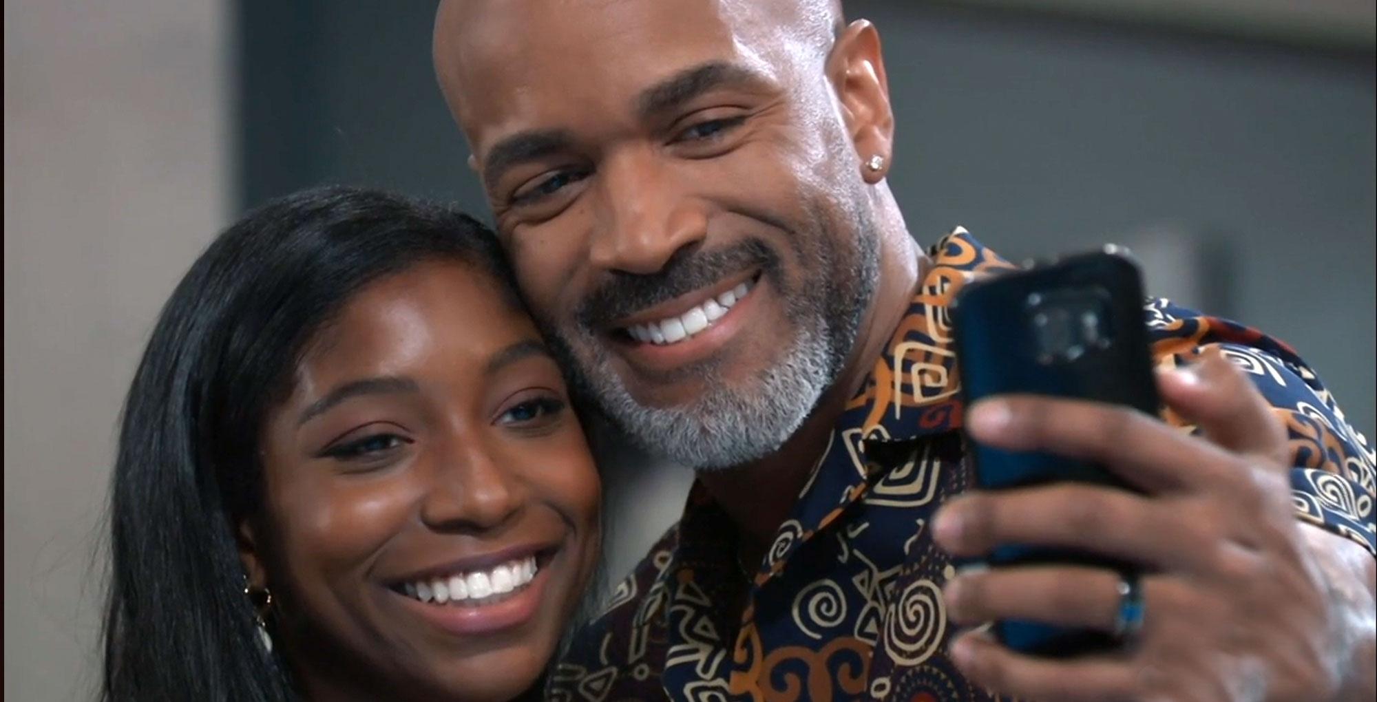 trina robinson and curtis take a selfie in general hospital recap for june 14, 2023.